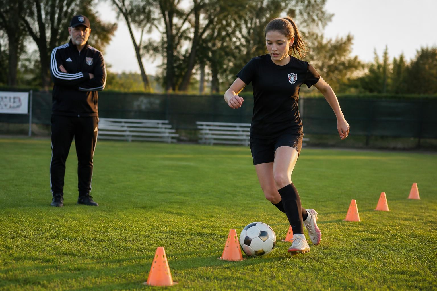 Teenage girl in a TLAP365 shirt working on soccer dribbling skills