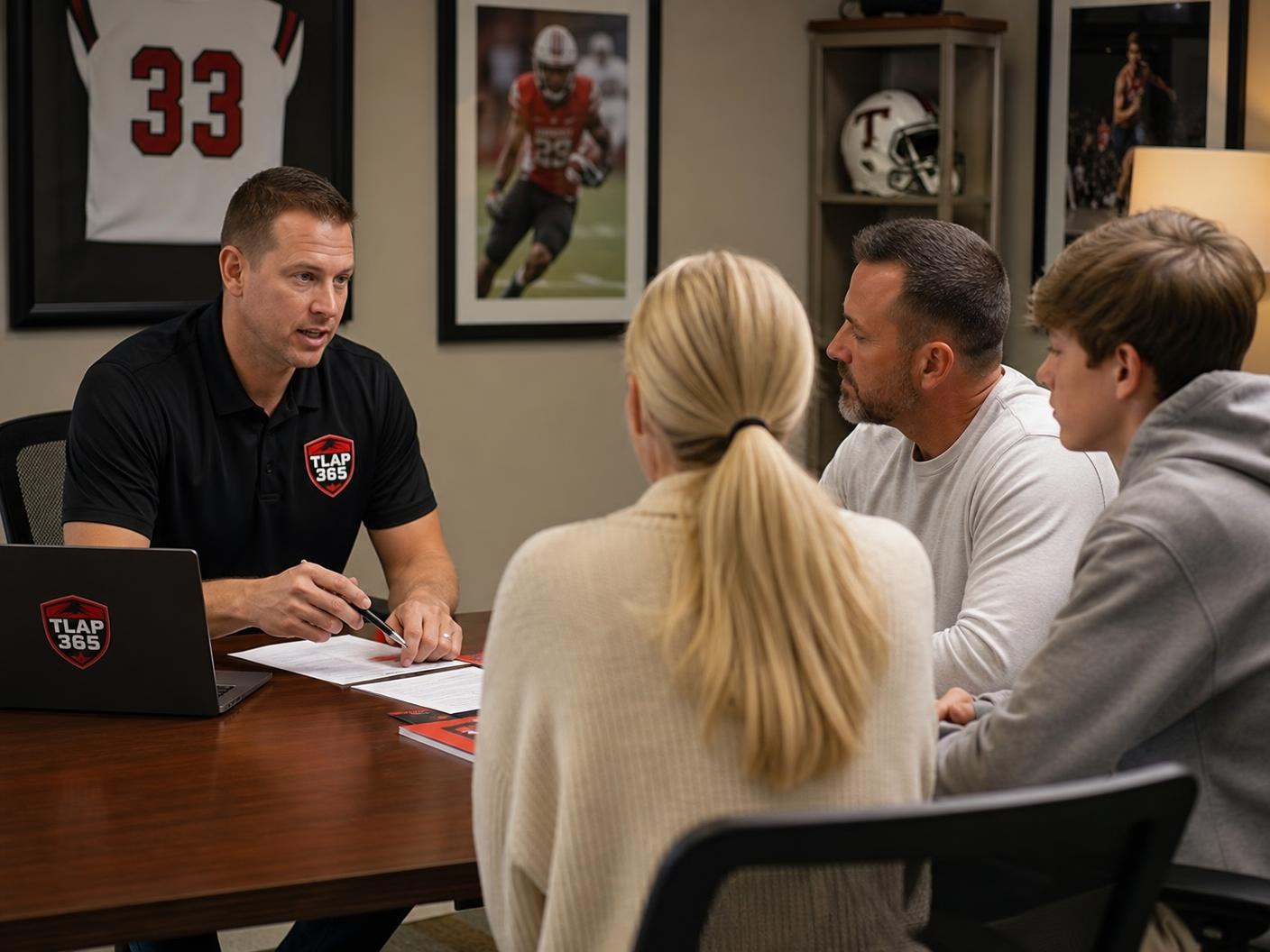 TLAP365 consultant in a branded polo meeting with a family about recruiting and NIL