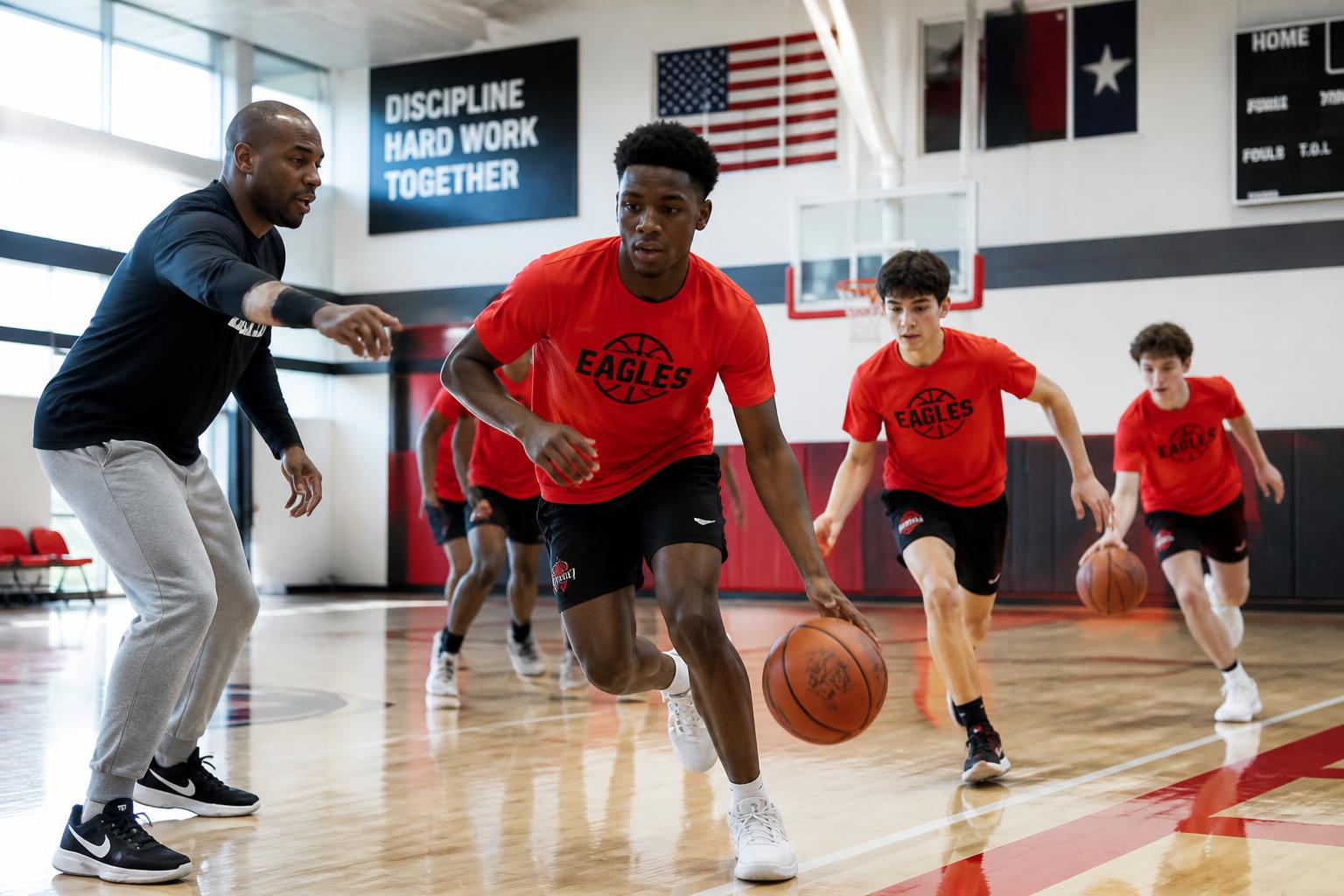 High school basketball players in TLAP365 shirts running a fast-break drill