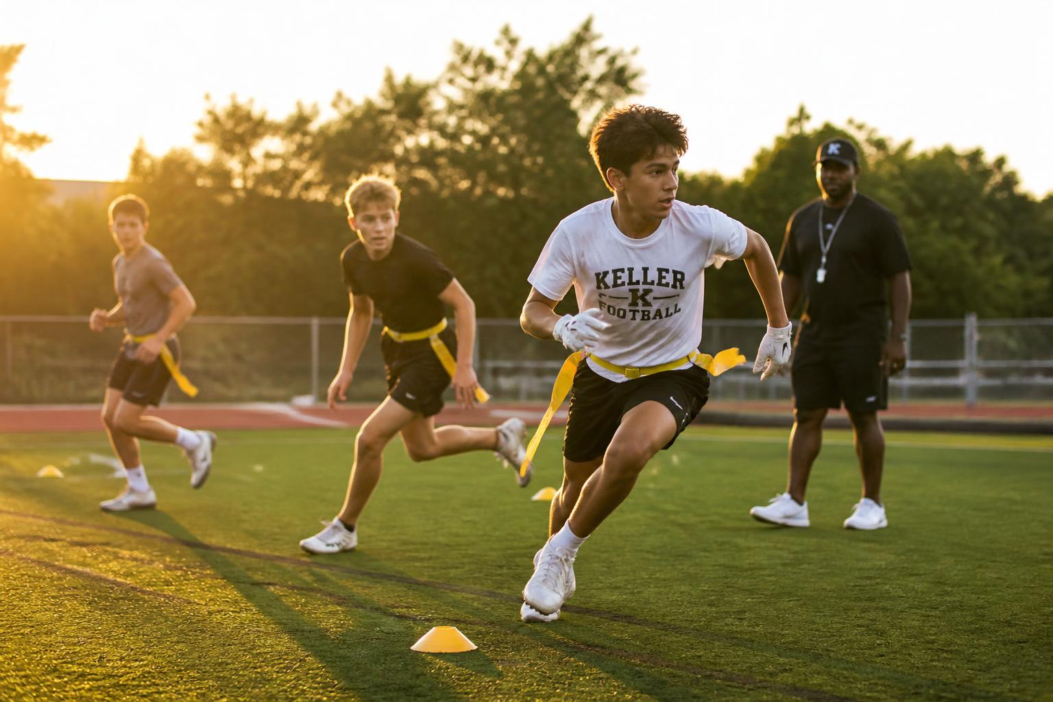 Youth flag football player running a route during a TLAP365 drill